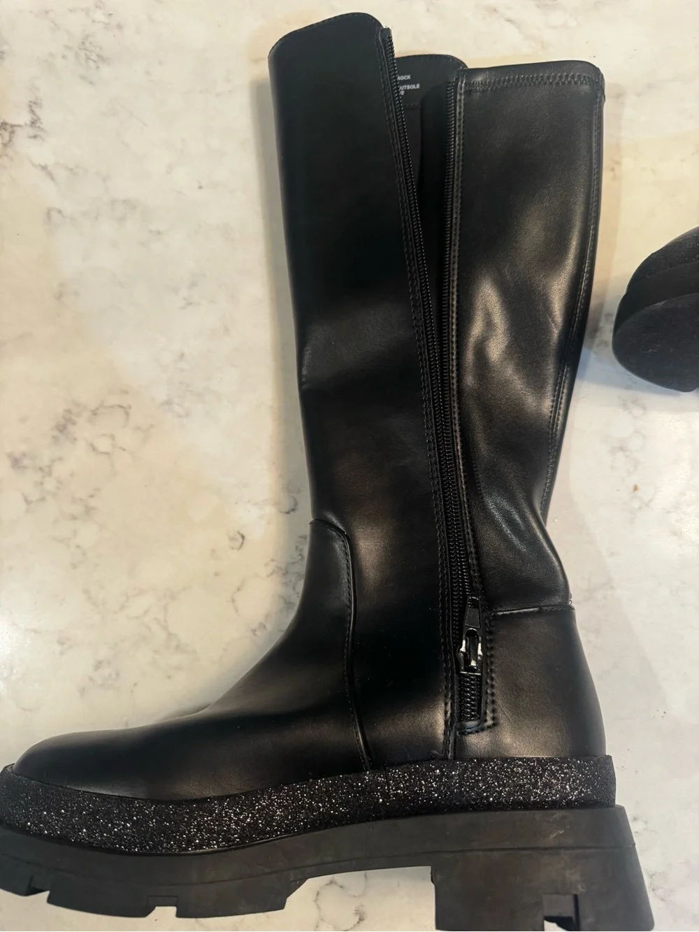 Steve Madden Black Leather Knee-High Boots with Glitter Platform